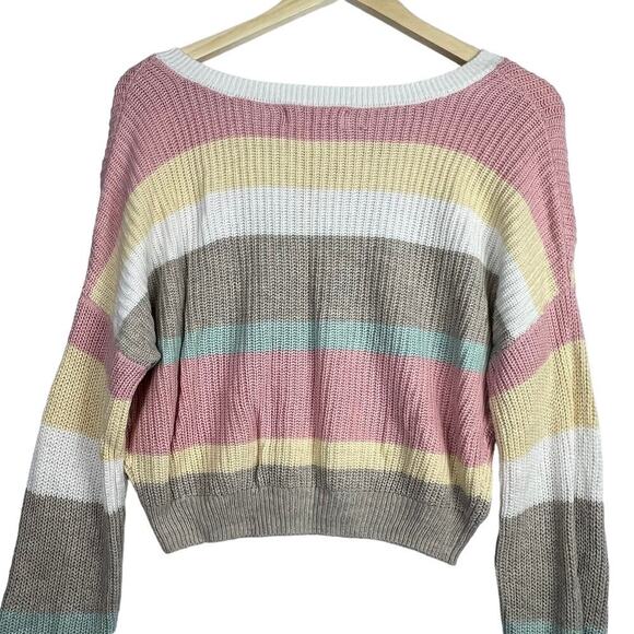 EUC Hollister Pastel Tan Pink White Striped Cropped Oversized Knit Sweater Small - Picture 5 of 9